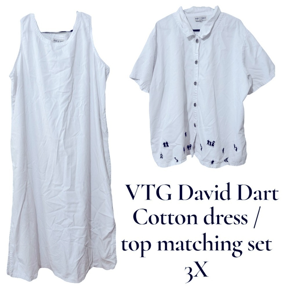 VTG David Dart White Dress & Camp Shirt w/ Black Embroidery Button Up Sz 3X